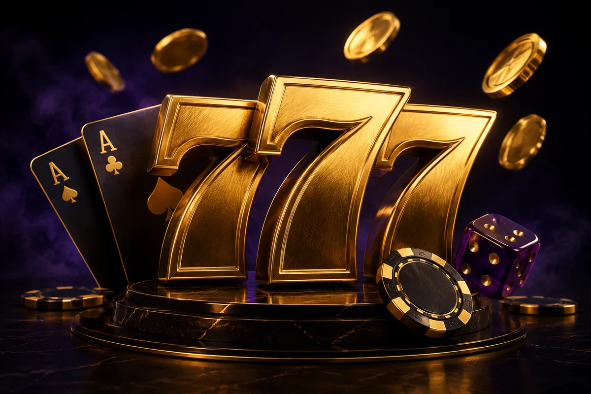 Gold 777 sculpture with casino chips, ace cards and a purple die